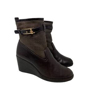 Tory Burch Primrose Brown Leather Lambskin Shearling Wedge Boot sz 9